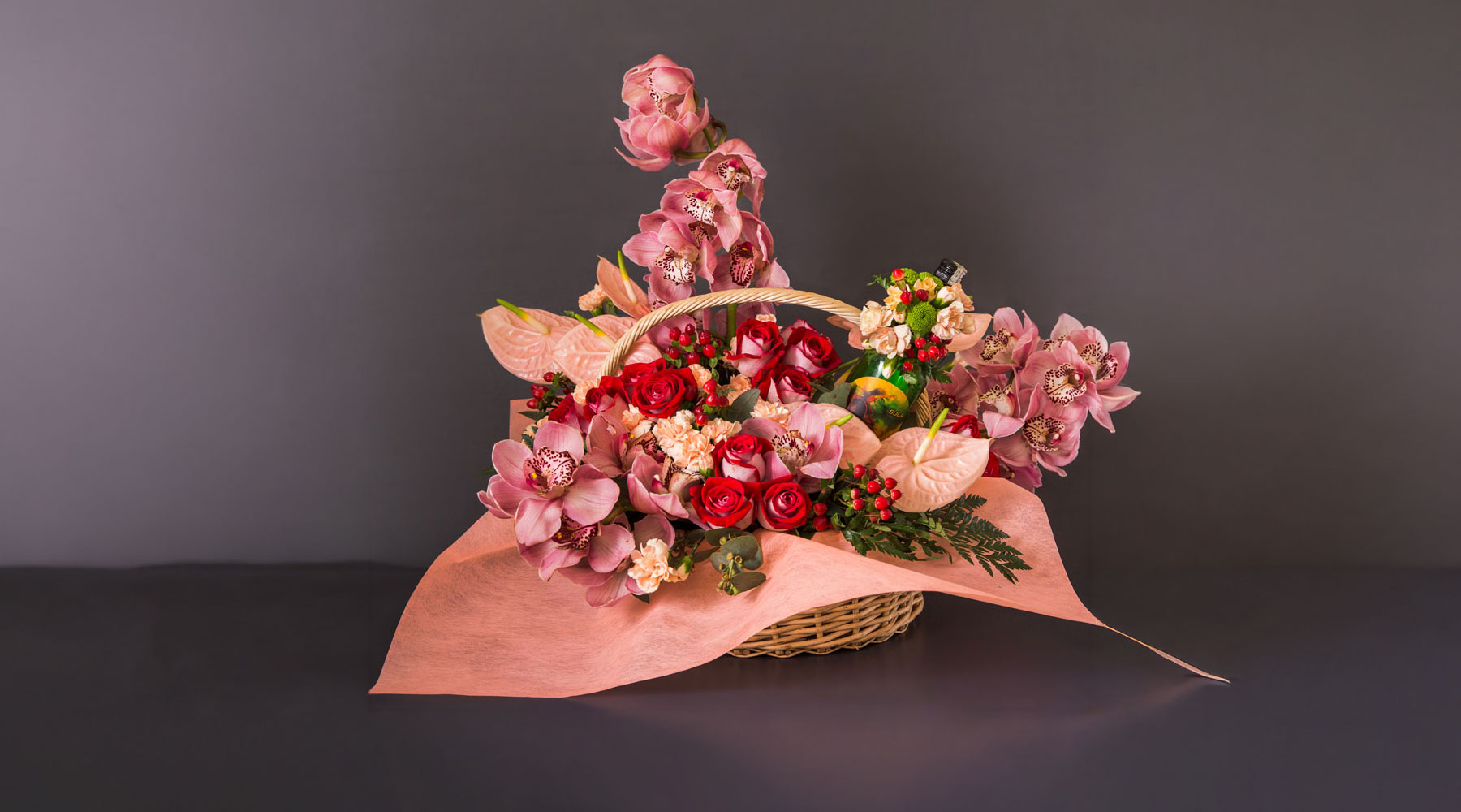 Luxury cake with wine and flowers gift box