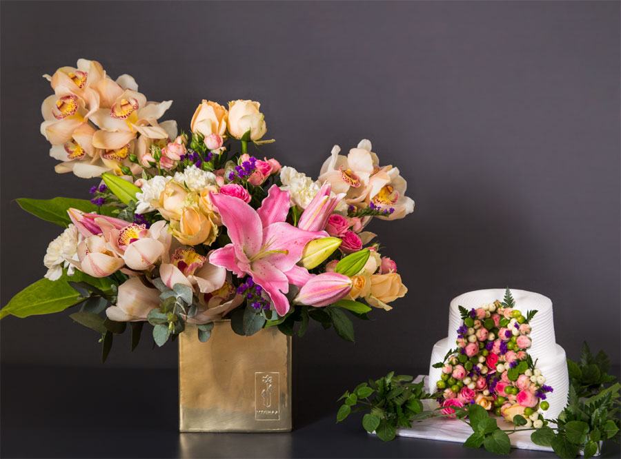 Premium cake and flowers combo gift arrangement