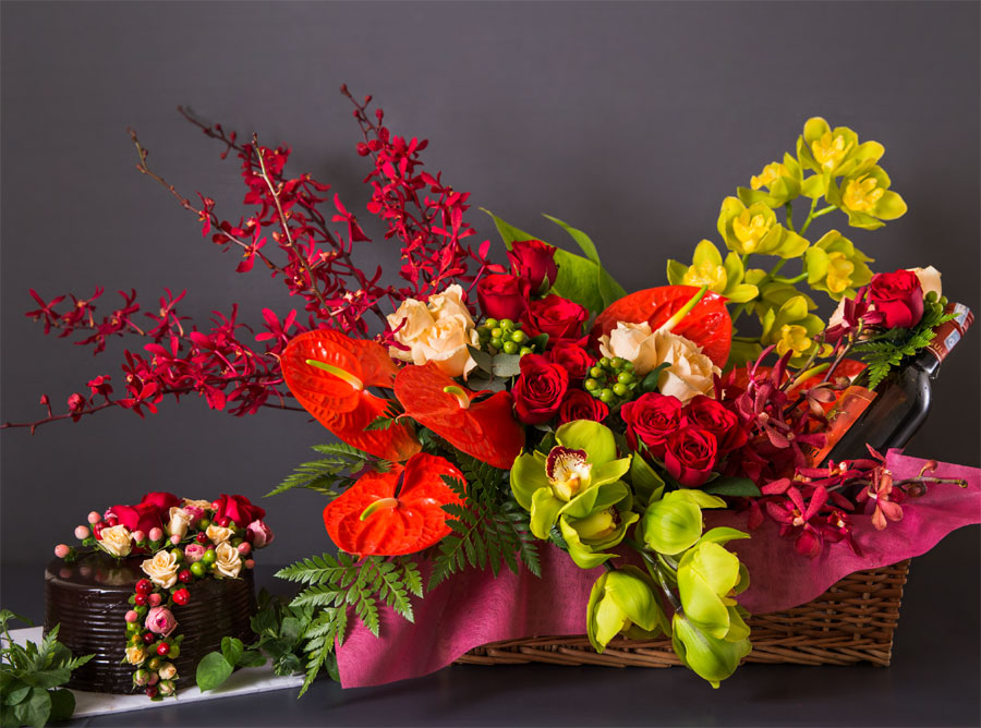 Flower birthday cake decorated with fresh luxury blooms
